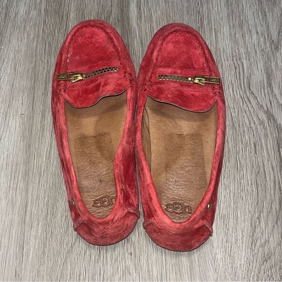 Women's UGG Red Suede Loafers with Gold Zipper - Picture 3 of 9